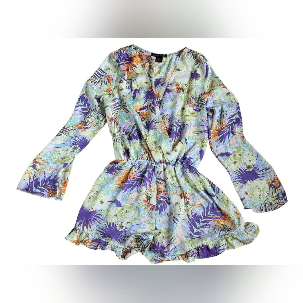 Caribbean Queen Tropical Print Long Sleeve Flowy Ruffled Romper Size Small